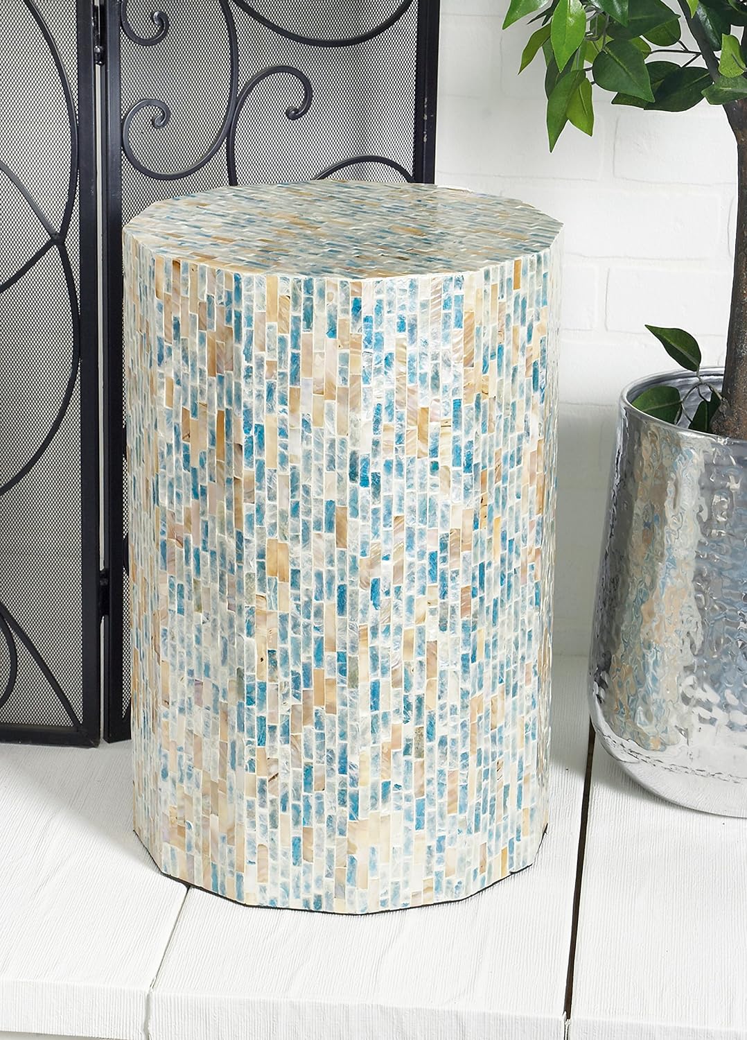 Mother of Pearl Shell Handmade Side End Accent Table, Blue