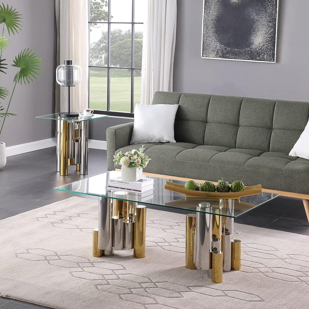 Rectangular Accent Glass Coffee Table, Tempered Glass End Table, Gold