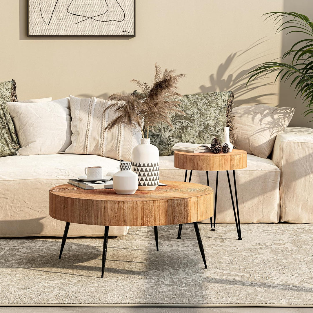 2-Piece Modern Farmhouse Coffee Table Set, Nesting Table Round Natural Finish with Wood Ring Motif, Stump Pattern