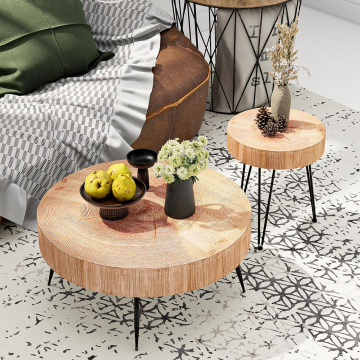 2-Piece Modern Farmhouse Coffee Table Set, Nesting Table Round Natural Finish with Wood Ring Motif, Stump Pattern