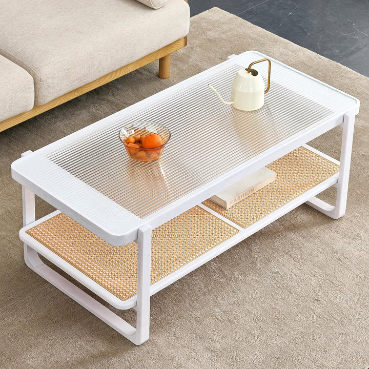 Mid-Century Modern Coffee Table, Ribbed Glass, Rattan Shelf, White