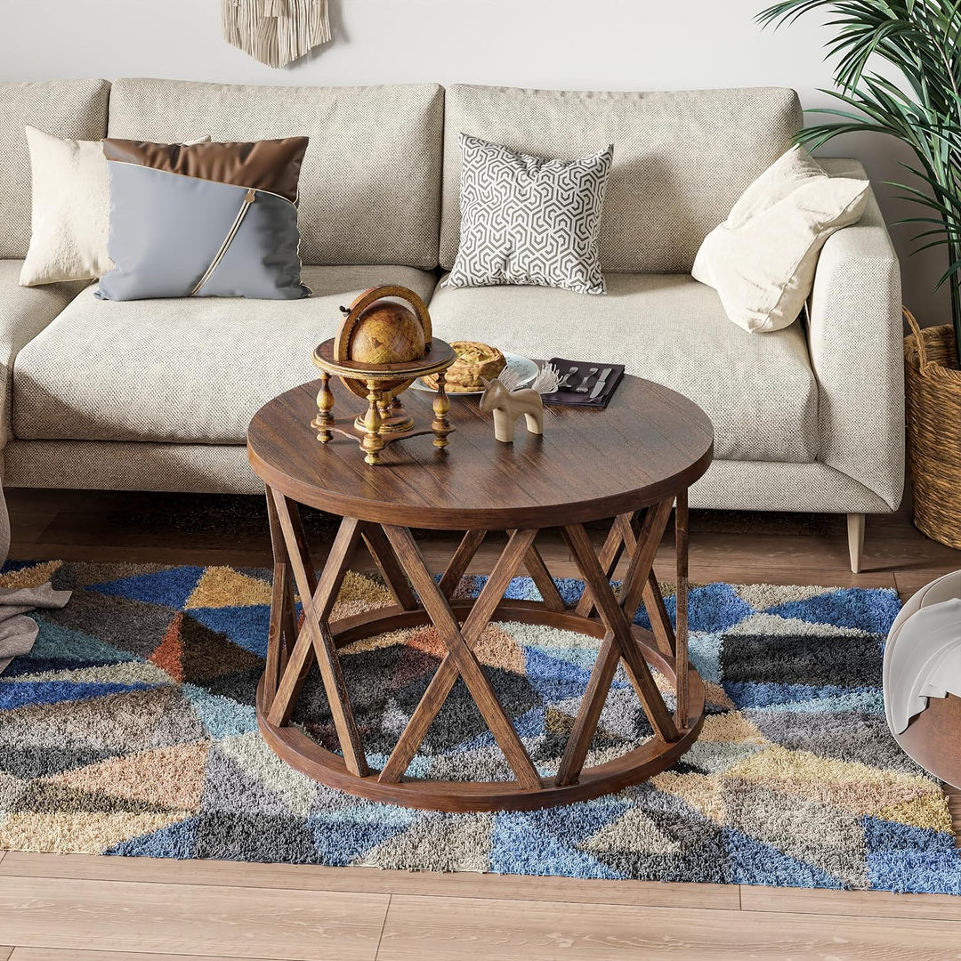 Rustic Farmhouse Round Coffee Table, Wood Textured Top, X-Motif Legs, Brown