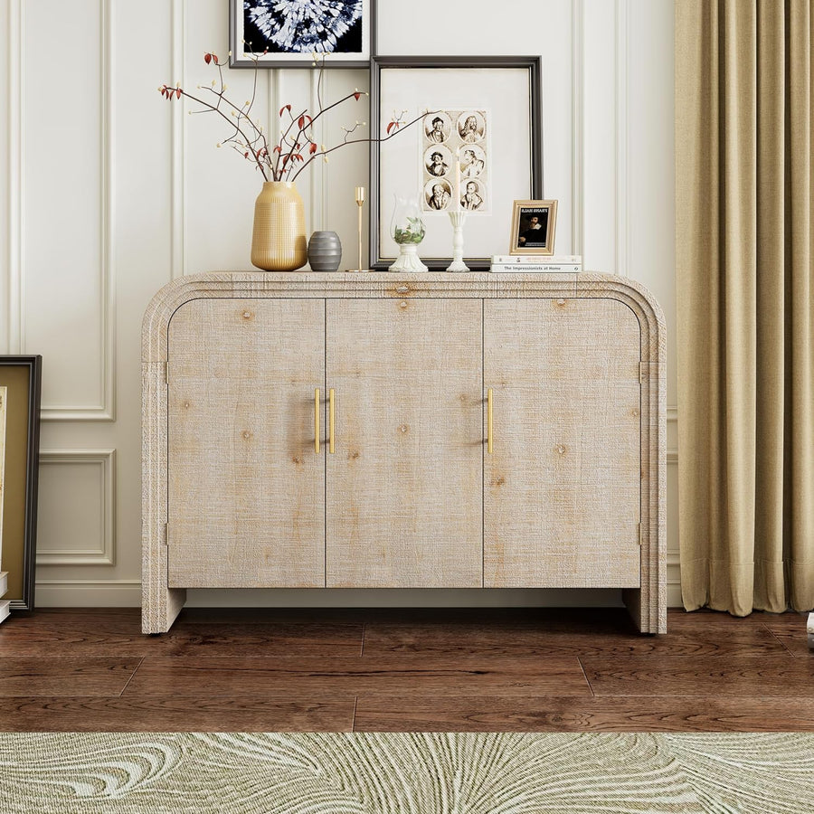 Elegant Curved Sideboard Buffet Cabinet, Natural Wood Wash, 47.2