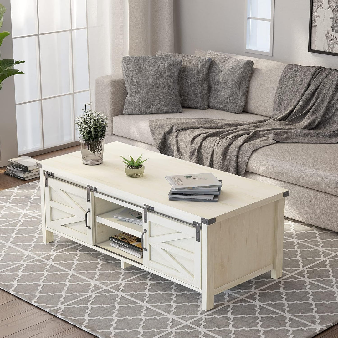 Farmhouse Coffee Table with Hidden Storage, Sliding Barn Doors, Wash White