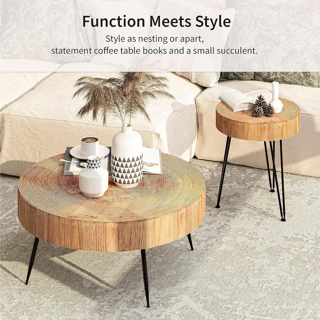 2-Piece Modern Farmhouse Coffee Table Set, Nesting Table Round Natural Finish with Wood Ring Motif, Stump Pattern