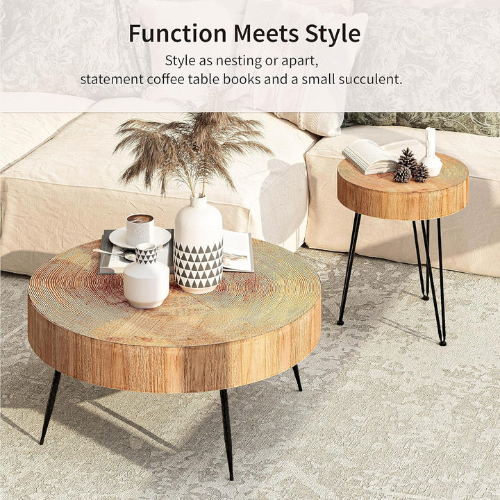 2-Piece Modern Farmhouse Coffee Table Set, Nesting Table Round Natural Finish with Wood Ring Motif, Stump Pattern