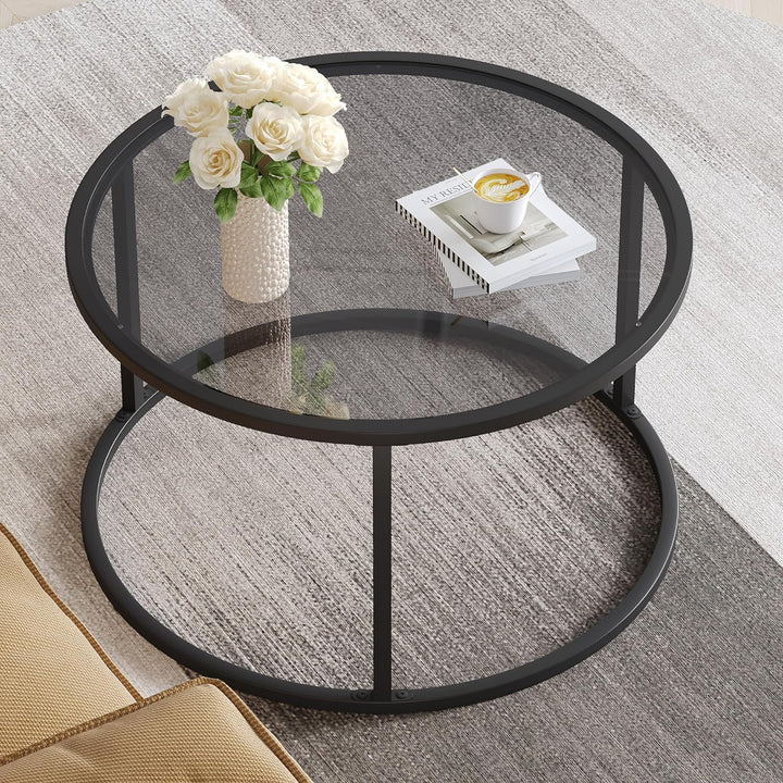 Round Coffee Table Glass Center Table Gray Black