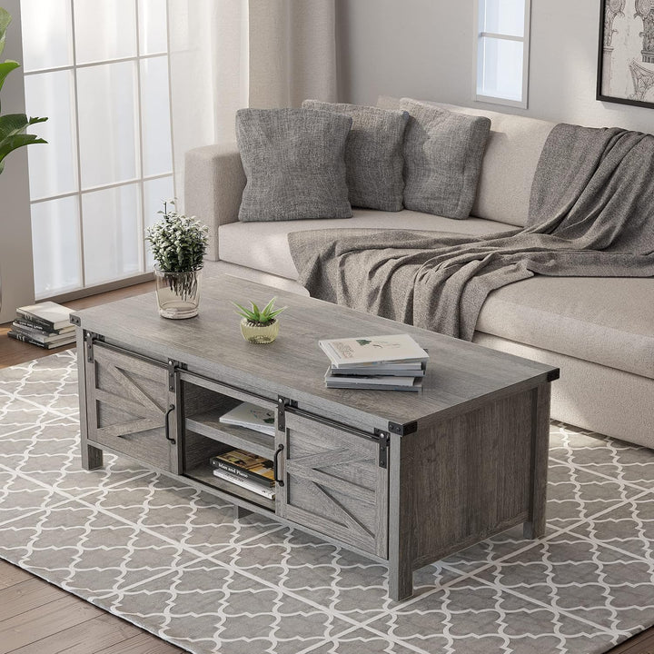 Farmhouse Coffee Table with Hidden Storage, Sliding Doors, Dark Grey