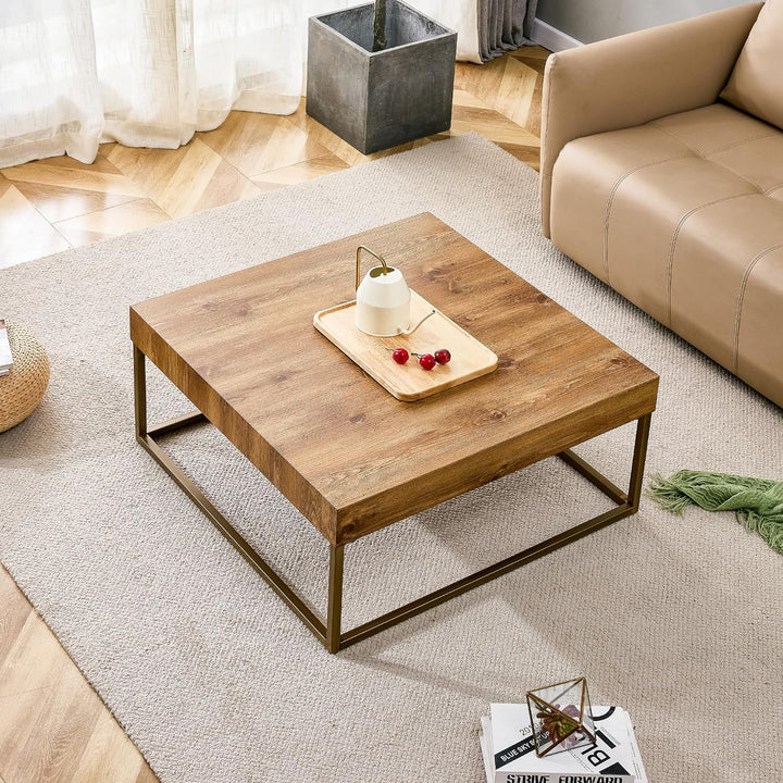 Modern Walnut Wood Coffee Table with Black Metal Legs, Square