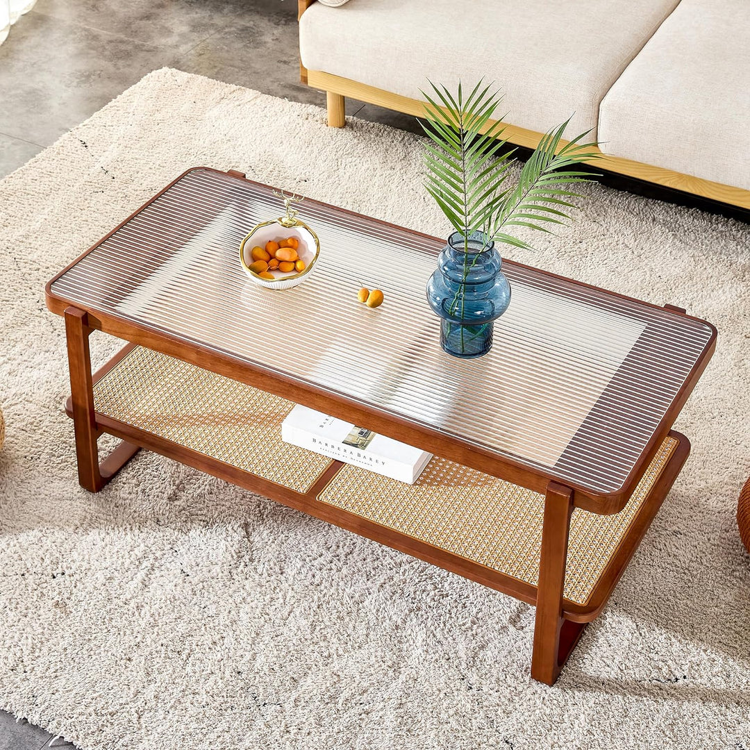 Pvillez Chinese Style Coffee Table, Mid Century Modern Faux Rattan Rectangular Coffee Table, Walnut