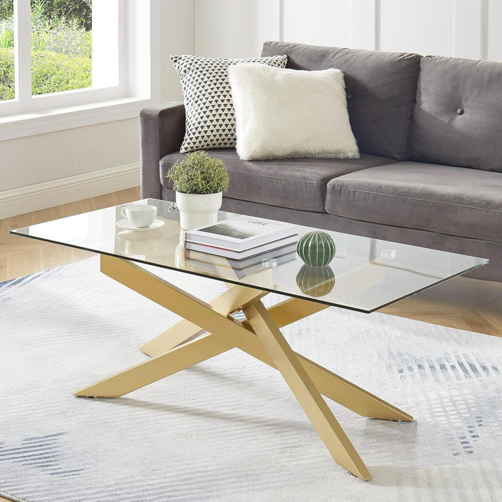 Modern Rectangular Coffee Table, Tempered Glass Top, Metal Legs, Gold