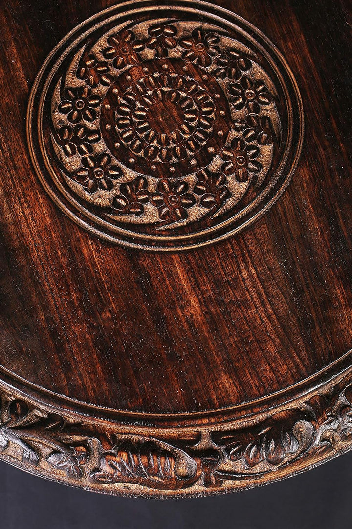 Round End Table, Side Table, Carved Wood Table 18" - Burnt