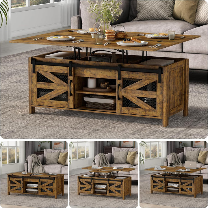 Rustic Farmhouse Lift-Top Coffee Table, Sliding Barn Doors, Rustic Brown