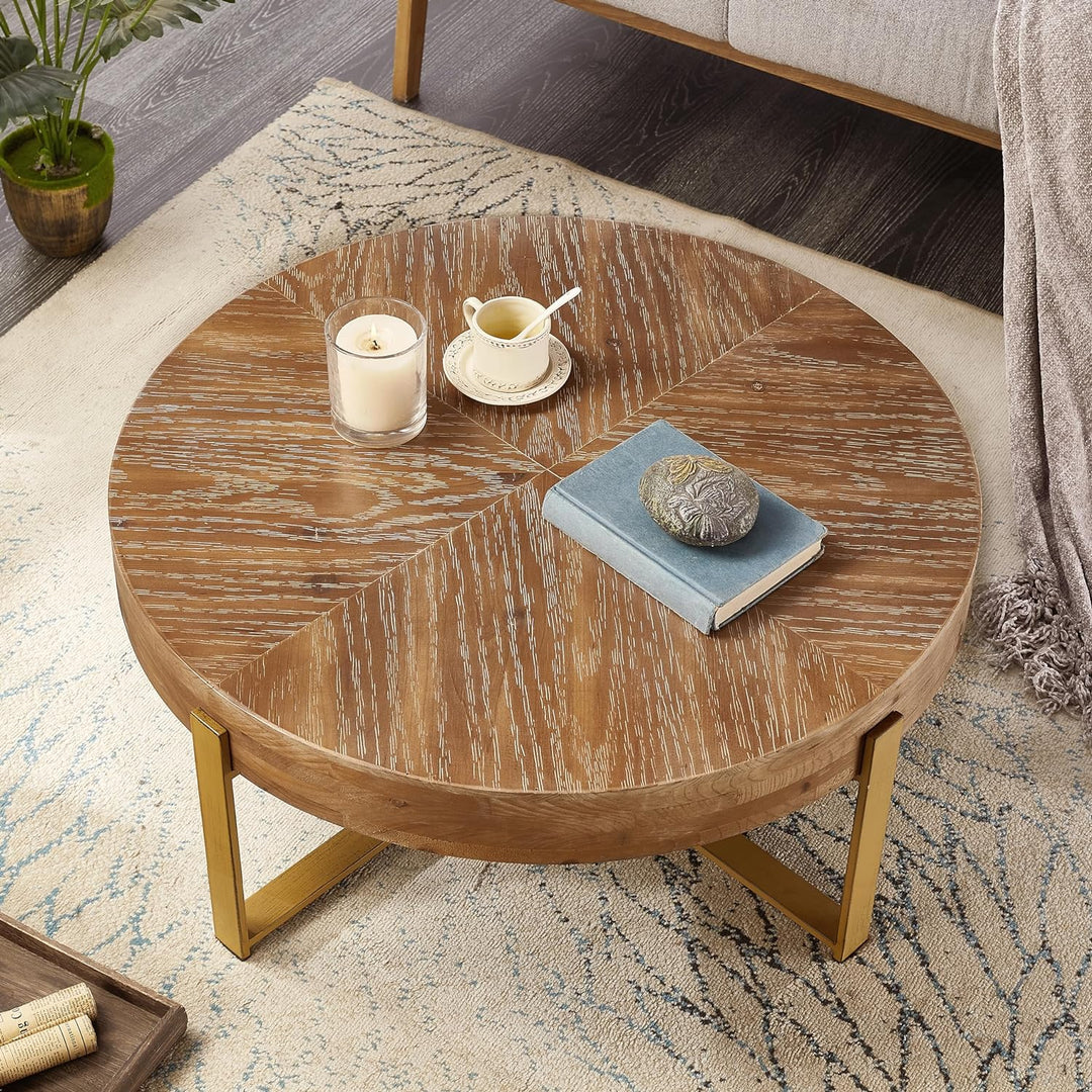 Rustic Wooden Coffee Table, Circle Design with Gold Metal Legs, Espresso 03