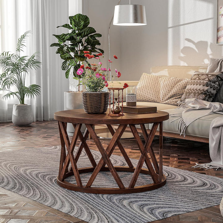 Rustic Farmhouse Round Coffee Table, Wood Textured Top, X-Motif Legs, Brown