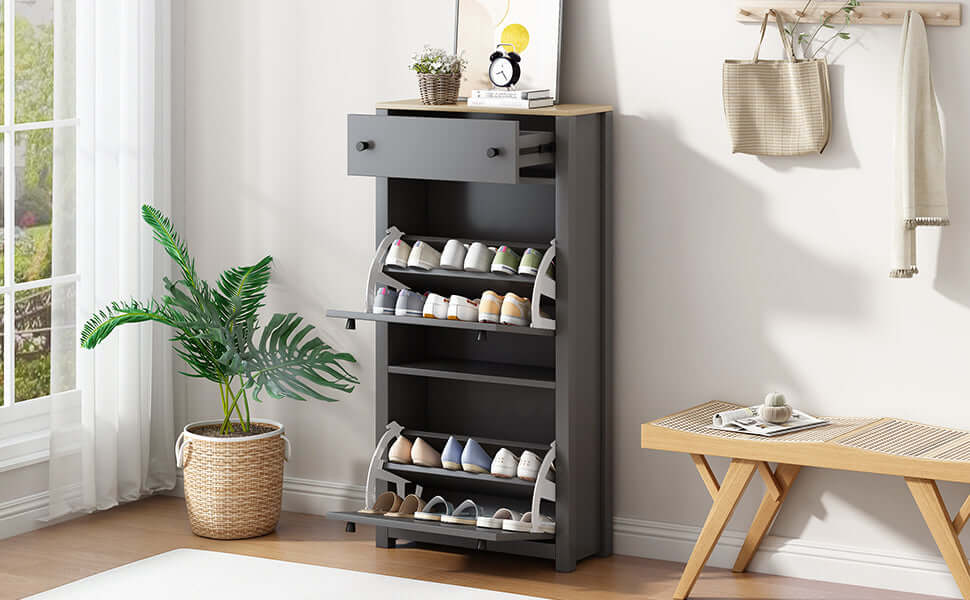 Top Shoe Cabinet with 2 Flip Drawers, Independent Shoe Rack