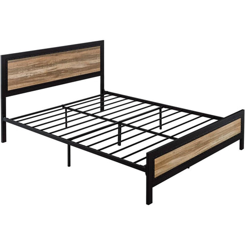 Full Industrial Metal Wood Rivet Platform Bed Frame w/ Headboard and Footboard