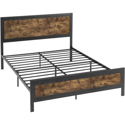 Full Industrial Rivet Platform Bed Frame with Headboard in Rustic Wood Finish