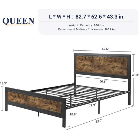 Queen Industrial Rivet Platform Bed Frame with Headboard in Rustic Wood Finish