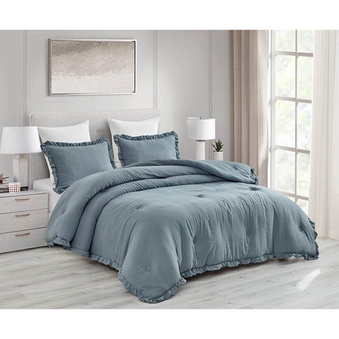 Full Size Blue Stone Washed Ruffled Edge Microfiber 3-Piece Comforter Set