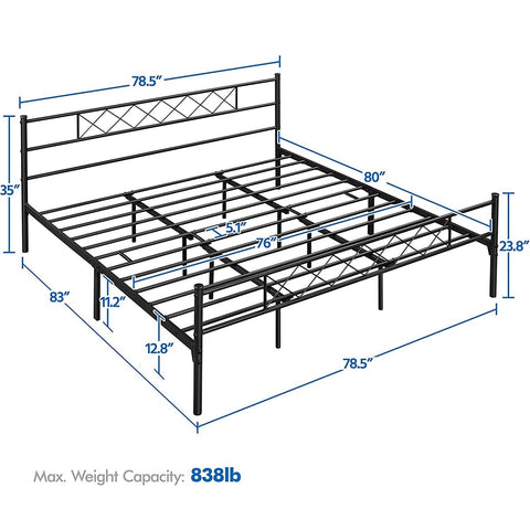 King Size Traditional Powder Coated Slatted Metal Platform Bed