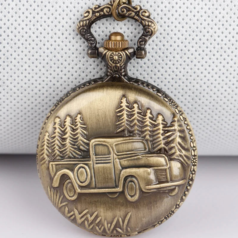 Antique Bronze Car Truck Men's Pocket Watch with Long Chain