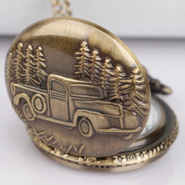 Antique Bronze Car Truck Men's Pocket Watch with Long Chain