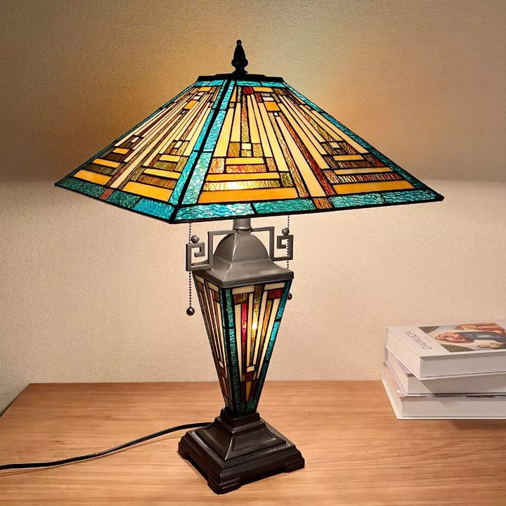 Antique Style Desk Lamp with Stained Glass and Nightlight Feature