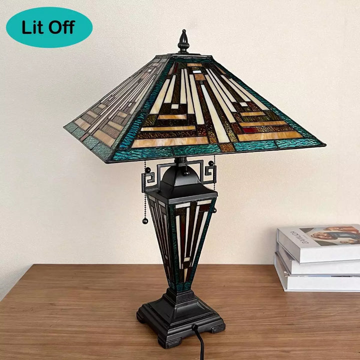 Antique Style Desk Lamp with Stained Glass and Nightlight Feature