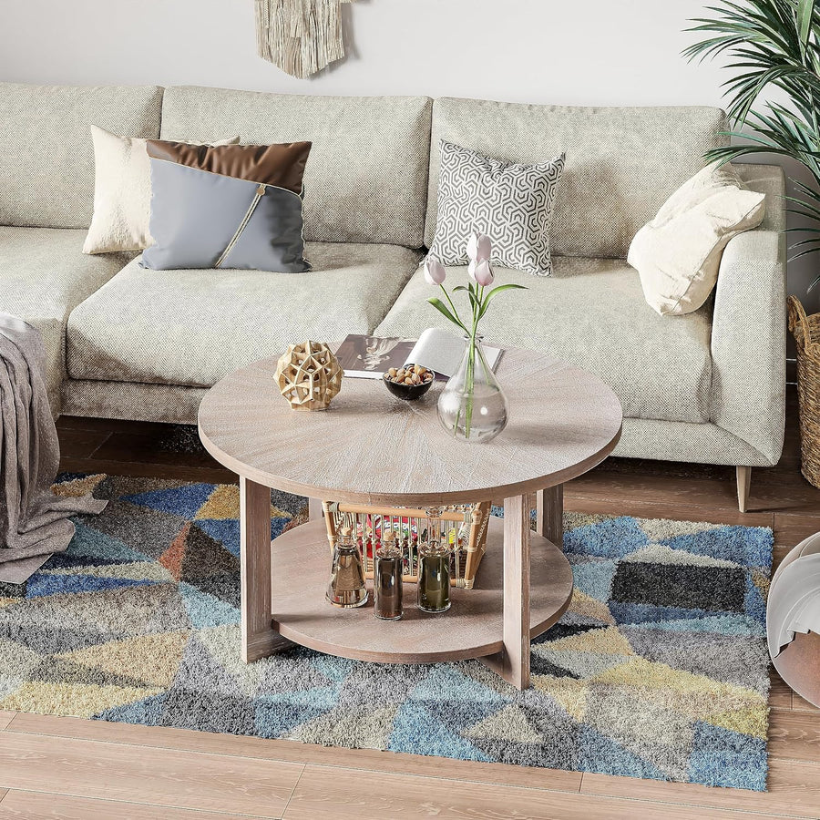 Rustic Farmhouse Coffee Table, Round Storage Table, Natural Wood