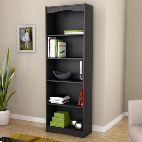 Contemporary Black Bookcase with 5 Shelves and Curved Accents