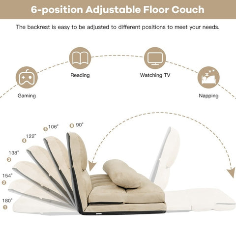 Faux Suede Minimalist 5 Tilt Foldable Floor Sofa Bed Detachable Cloth Cover in Beige