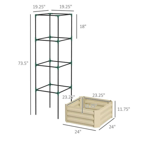 Beige Galvanized Open Bottom Raised Garden Bed Planter with Tomato Cage Trellis