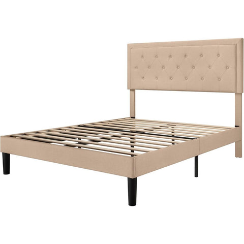 King size Beige Linen Platform Bed Frame with Button Tufted Headboard