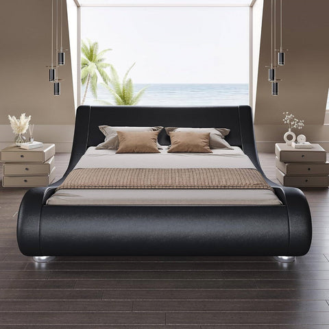 Full Modern Black Upholstered Platform Bed Frame with Sleigh Curved Headboard