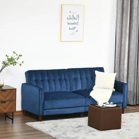 Mid-Century Modern Futon Sleeper Sofa Bed in Blue Velvet Upholstery