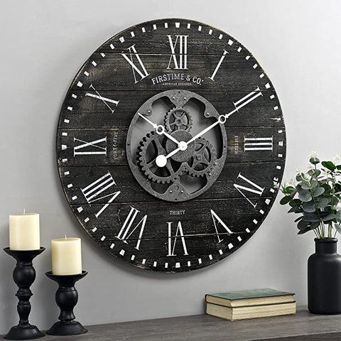 Industrial Farm Home Round Oversized Wall Clock in Rustic Black