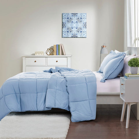 Queen Size Blue 3 Piece Microfiber Reversible Comforter Set