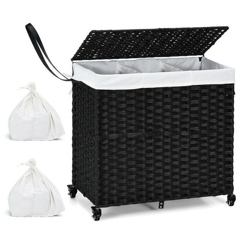 Black 3 Bin Linen Lined on Wheels PR Rattan Laundry Hamper