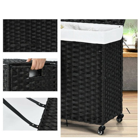 Black 3 Bin Linen Lined on Wheels PR Rattan Laundry Hamper