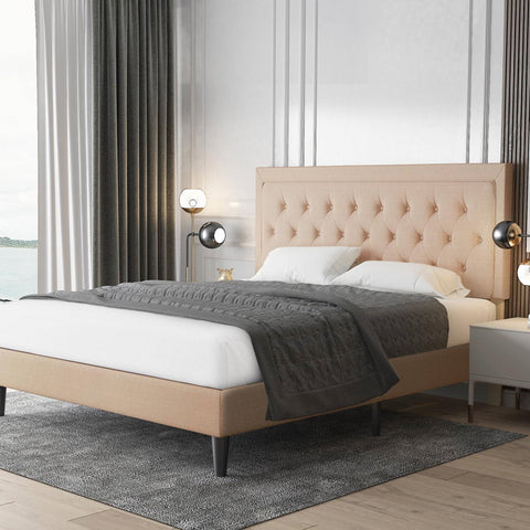 Queen size Beige Linen Platform Bed Frame with Button Tufted Headboard