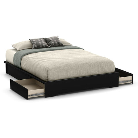 Queen Platform Bed Frame with 2 Storage Drawers in Black Wood Finish