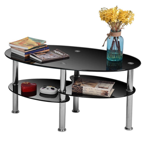 Modern Black Tempered Glass Coffee Table with Bottom Shelf