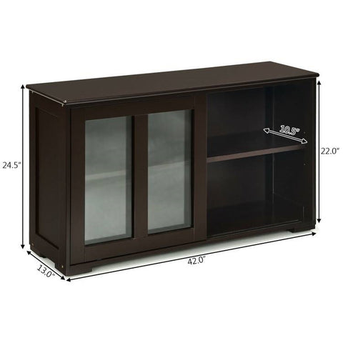 Brown Wood Buffet Kitchen Dining Sideboard Storage Cabinet w/ Glass Sliding Door