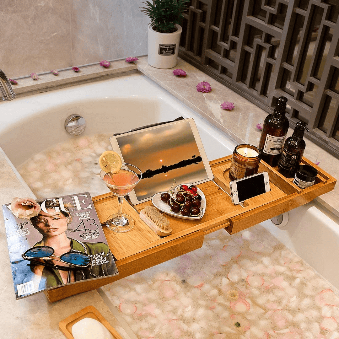 Luxury Bamboo Bath Caddy Tray | Adjustable Bathtub Organizer