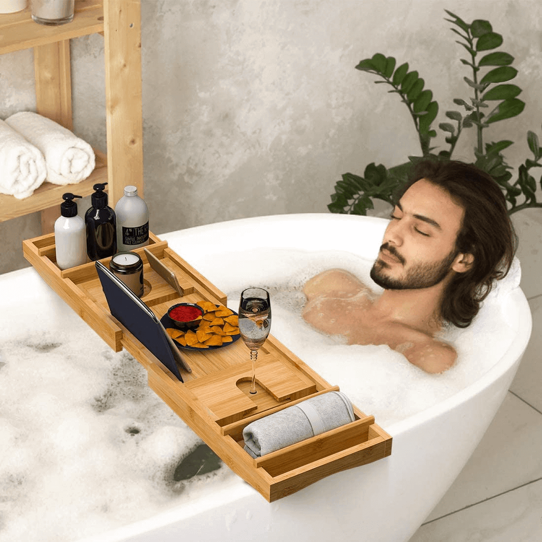 Luxury Bamboo Bath Caddy Tray | Adjustable Bathtub Organizer