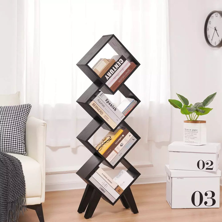 Black Bookshelf, Small Wooden Bookcase, 4-Tier Book Shelf