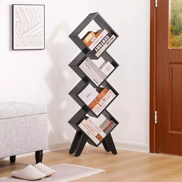 Black Bookshelf, Small Wooden Bookcase, 4-Tier Book Shelf