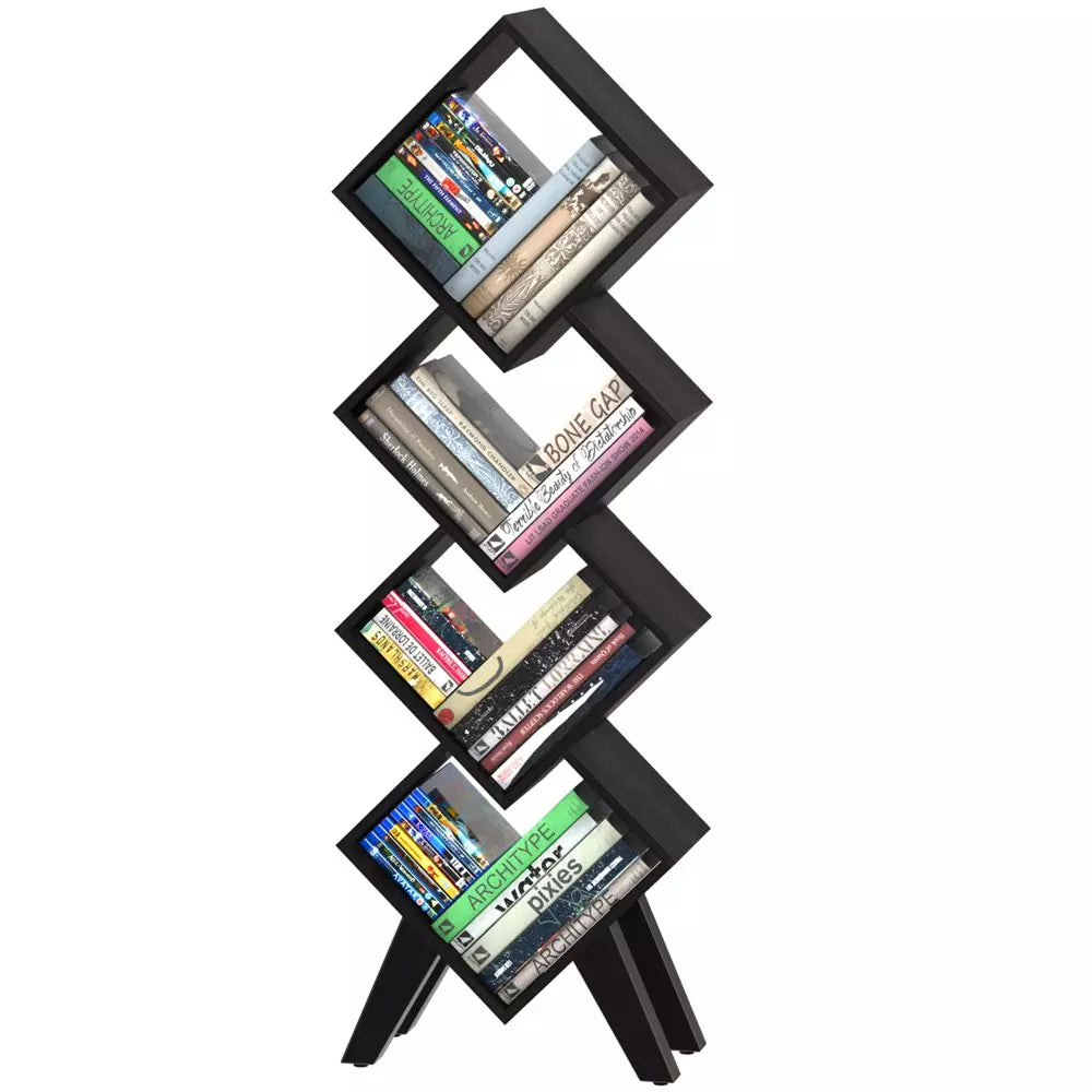 Black Bookshelf, Small Wooden Bookcase, 4-Tier Book Shelf