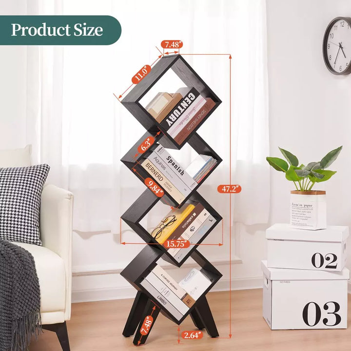 Black Bookshelf, Small Wooden Bookcase, 4-Tier Book Shelf